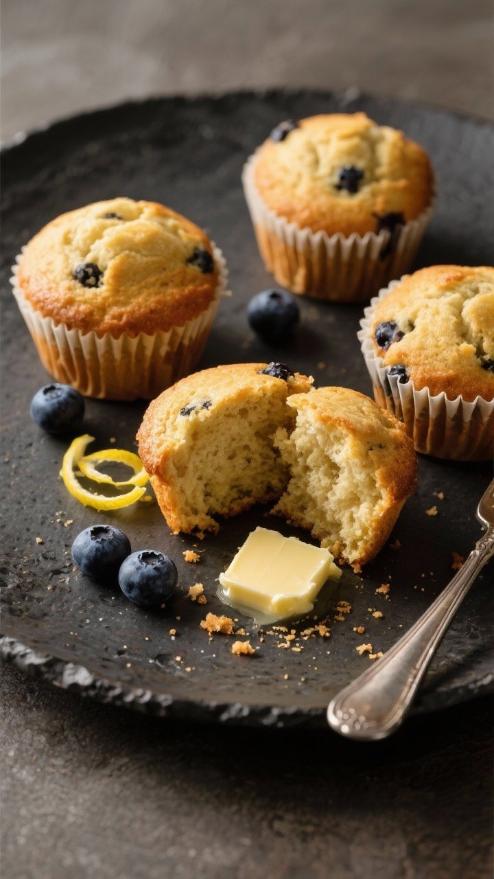 Final plated dish: Restaurant-quality presentation of 3 keto blueberry muffins on a dark stoneware p