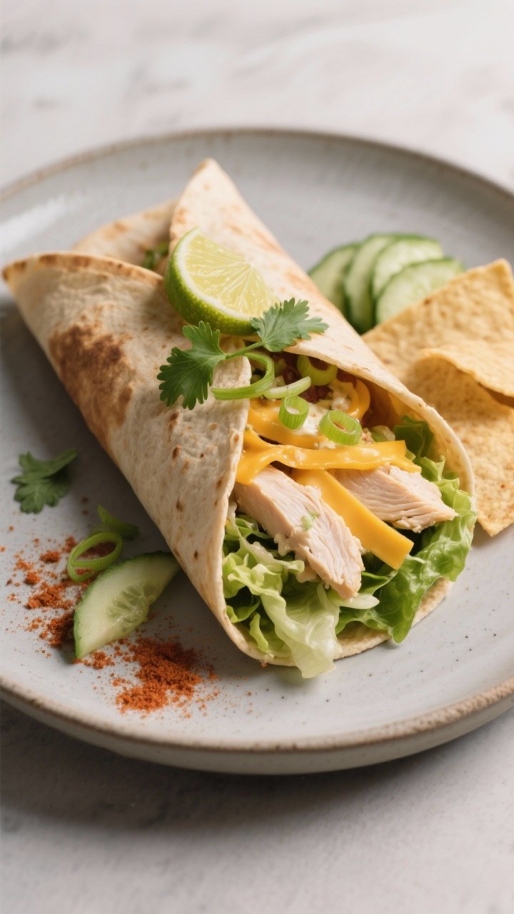 Final plated dish: Restaurant-quality presentation of the salad tucked into a warm low-carb wrap—o