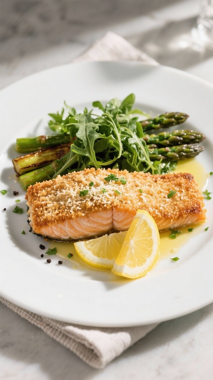 Final plated dish: Restaurant-quality presentation of Crispy Parmesan Crusted Salmon on a matte whit