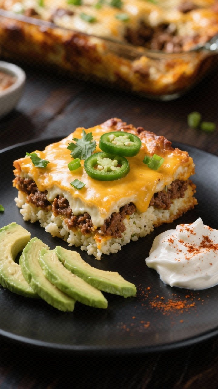 Final plated dish: Restaurant-quality presentation of a generous square of Keto Taco Casserole serve