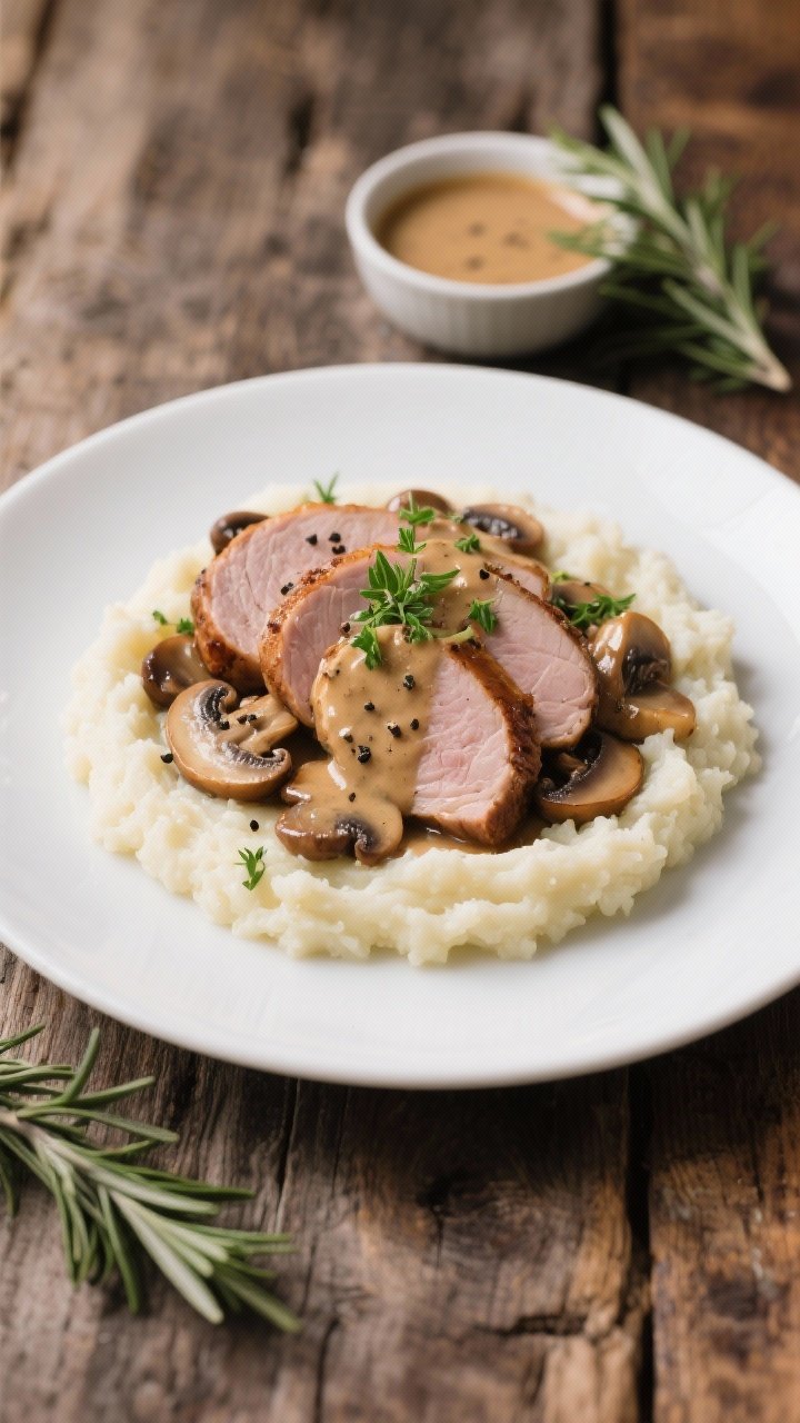 Final plated dish: Restaurant-quality presentation of Keto Pork Tenderloin with Mushroom Sauce, slic