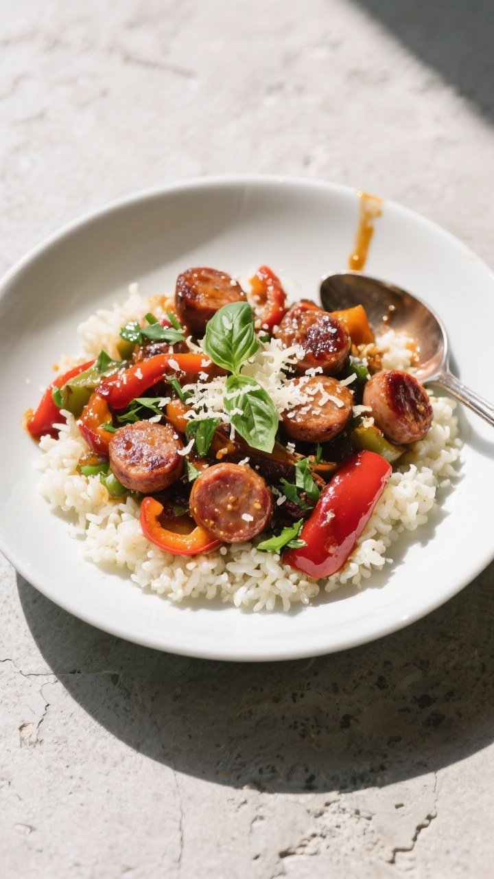 Final plated dish: Restaurant-quality presentation of Keto Sausage and Peppers Skillet served in a w
