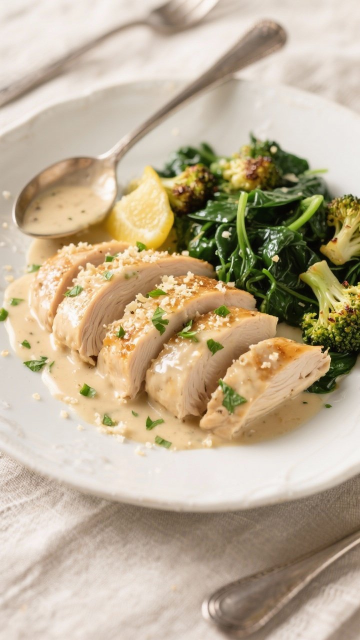 Final plated dish: Restaurant-quality presentation of Creamy Garlic Parmesan Keto Chicken on a warm 