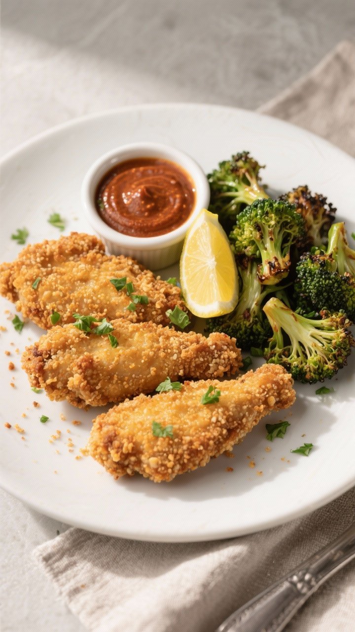 Final plated dish: Restaurant-quality presentation of crispy keto chicken tenders on a matte white p