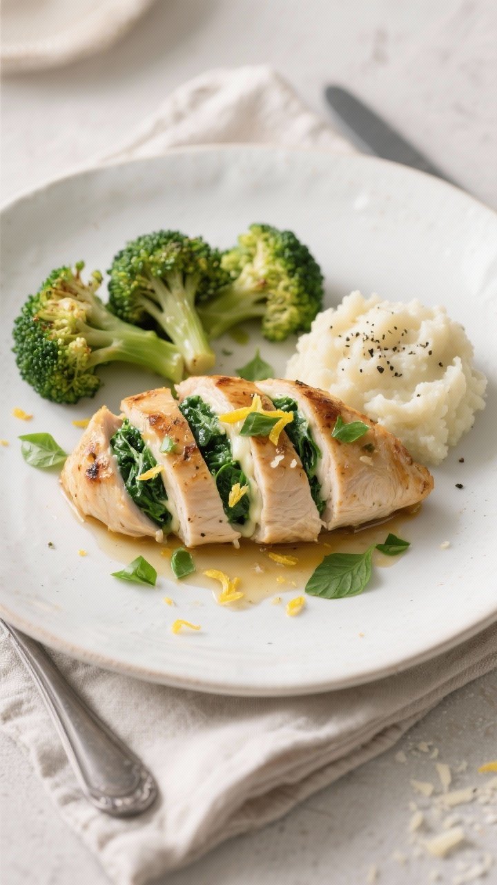 Final plated dish: Restaurant-quality presentation of a spinach-stuffed keto chicken breast on a whi
