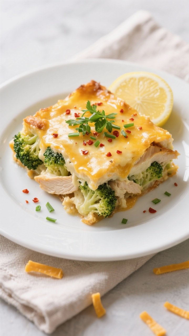 Final plated dish: Restaurant-quality presentation of a generous square of keto chicken broccoli cas