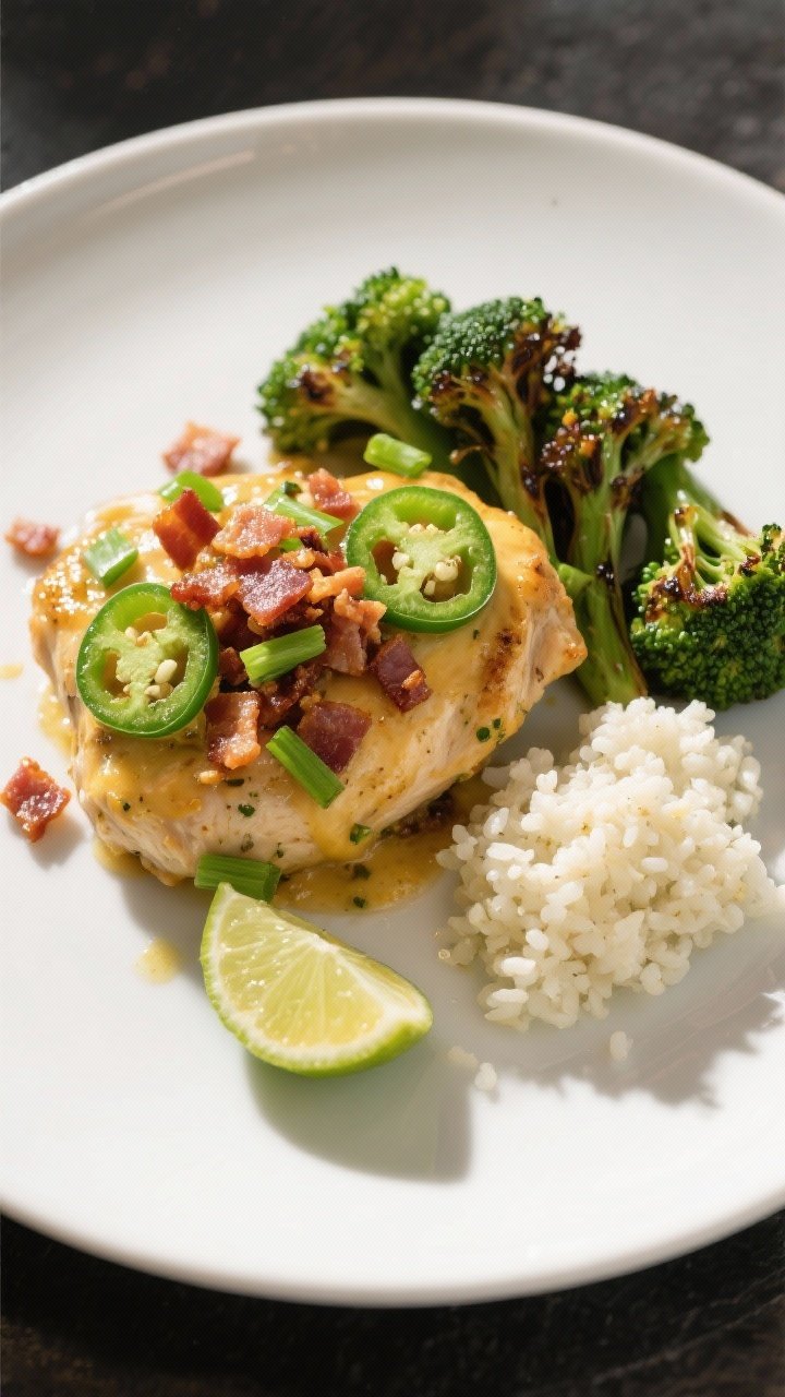 Final plated dish: Restaurant-quality presentation of jalapeño popper keto chicken on a matte white