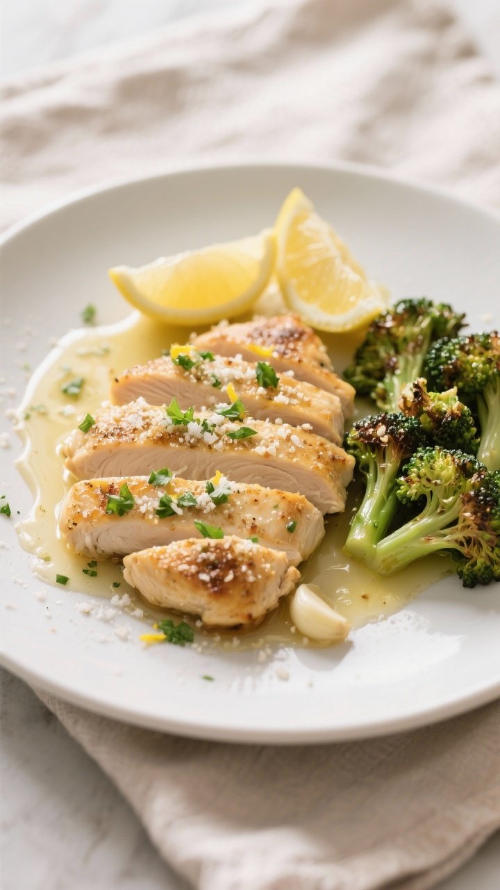 Final plated dish shot: Restaurant-quality presentation of Garlic Parmesan Keto Chicken cutlets slic