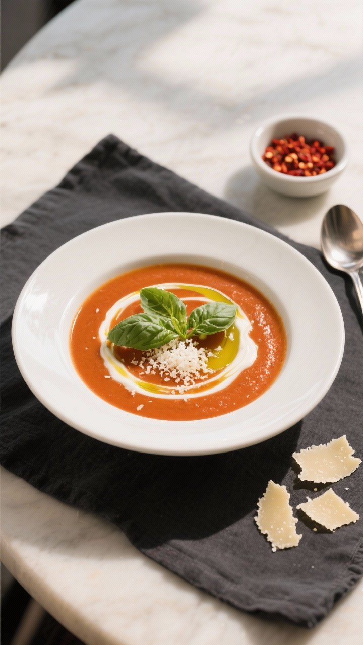 Final plated dish, top view: Overhead shot of a bowl of Keto Tomato Basil Soup — ultra-smooth, glo