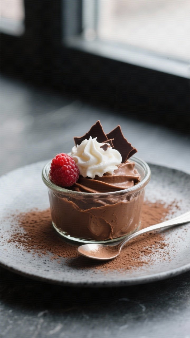 Final plated elegance: Beautifully plated Keto Chocolate Mousse piped into a small glass ramekin, to