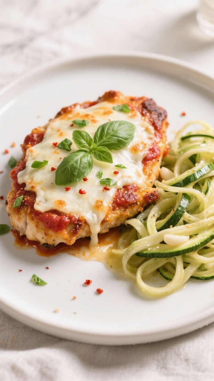 Final plated hero: Beautifully plated Keto Chicken Parmesan fresh from the oven, cheese melted and l