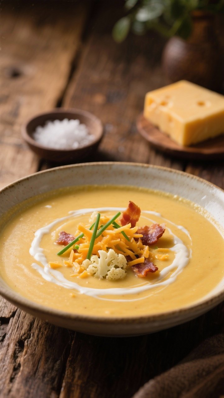 Final plated hero: Restaurant-quality presentation of Cheesy Keto Cauliflower Soup in a shallow cera