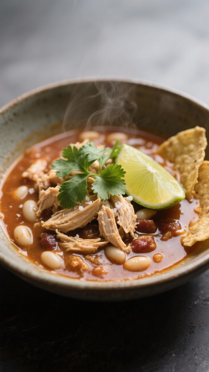 Final plated hero: Restaurant-quality presentation of Honey Lime Chicken Chili in a shallow ceramic 