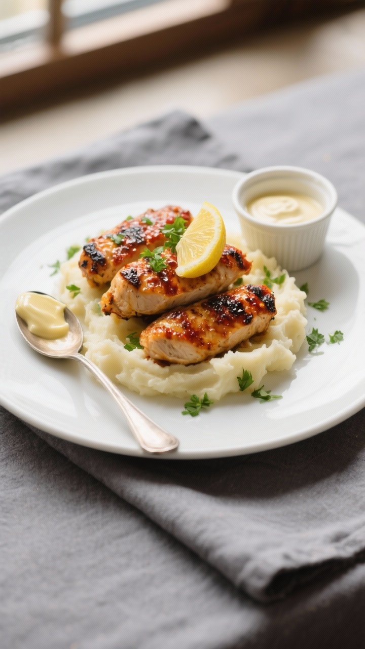 Final plated hero shot: Beautifully plated spicy Cajun chicken tenderloins stacked on creamy mashed 