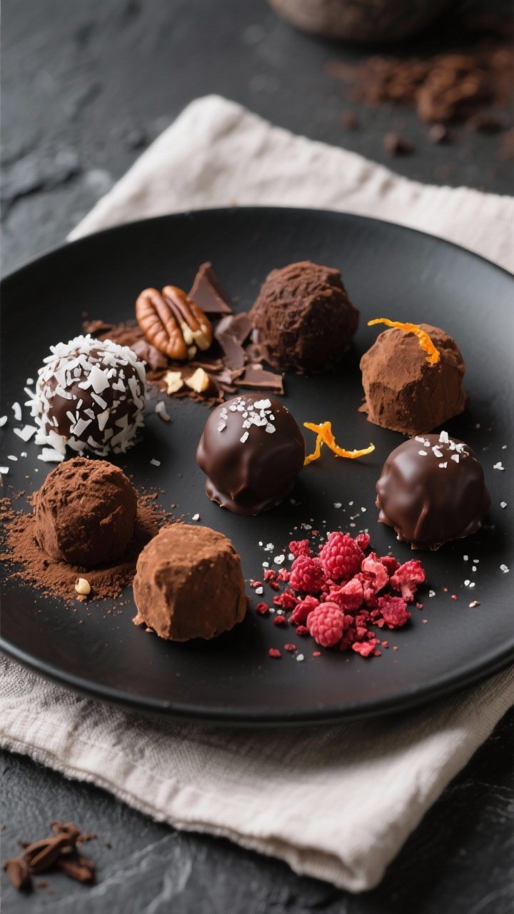 Final plated overhead: an elegant assortment of finished keto chocolate truffles on a matte black pl