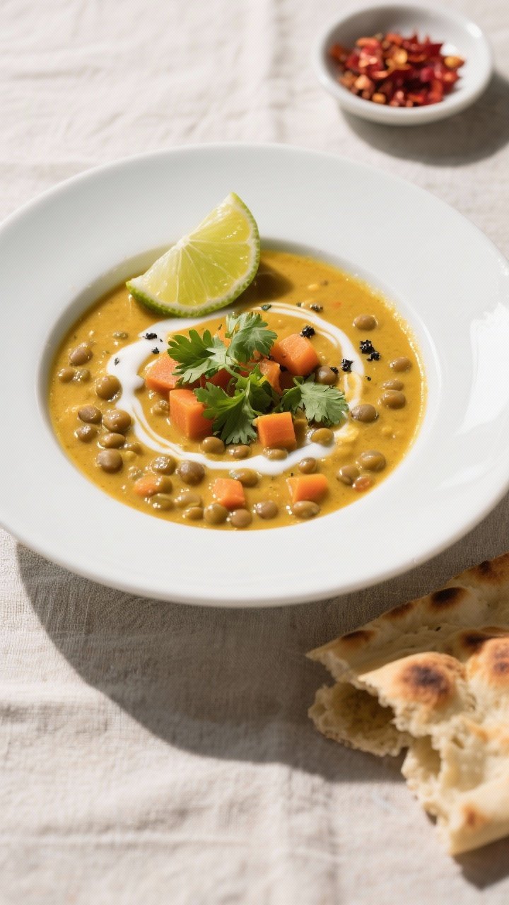 Final plated overhead: An top-down shot of Creamy Coconut Curry Lentil Soup in a matte white bowl on