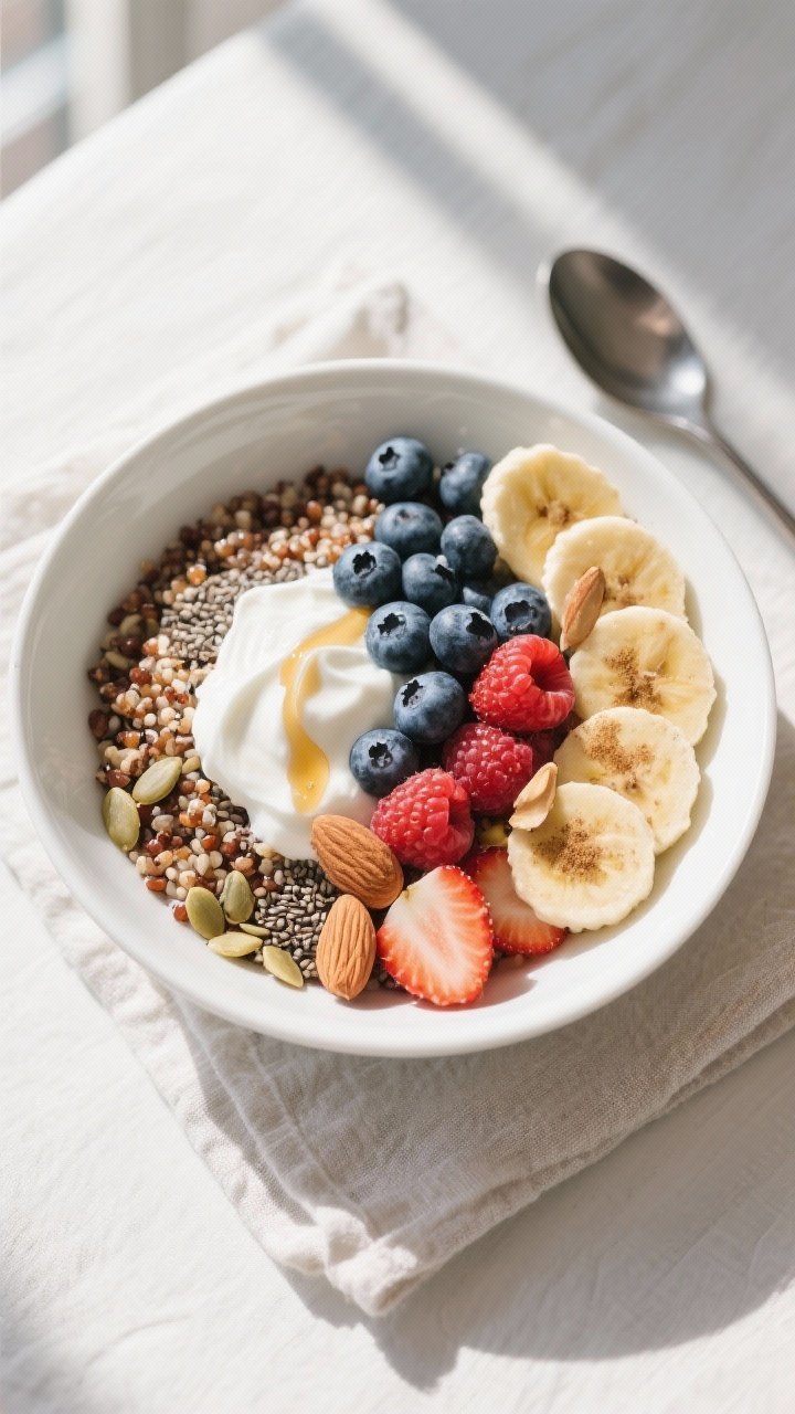 Final plated, overhead beauty: Overhead shot of a Quinoa Breakfast Power Bowl beautifully arranged i