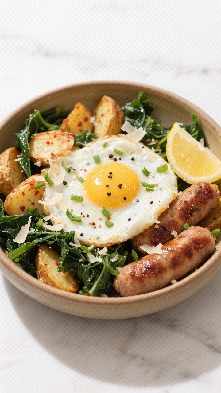 Final plated overhead: Chicken Sausage & Kale Breakfast Bowl assembled in a warm ceramic bowl—bed