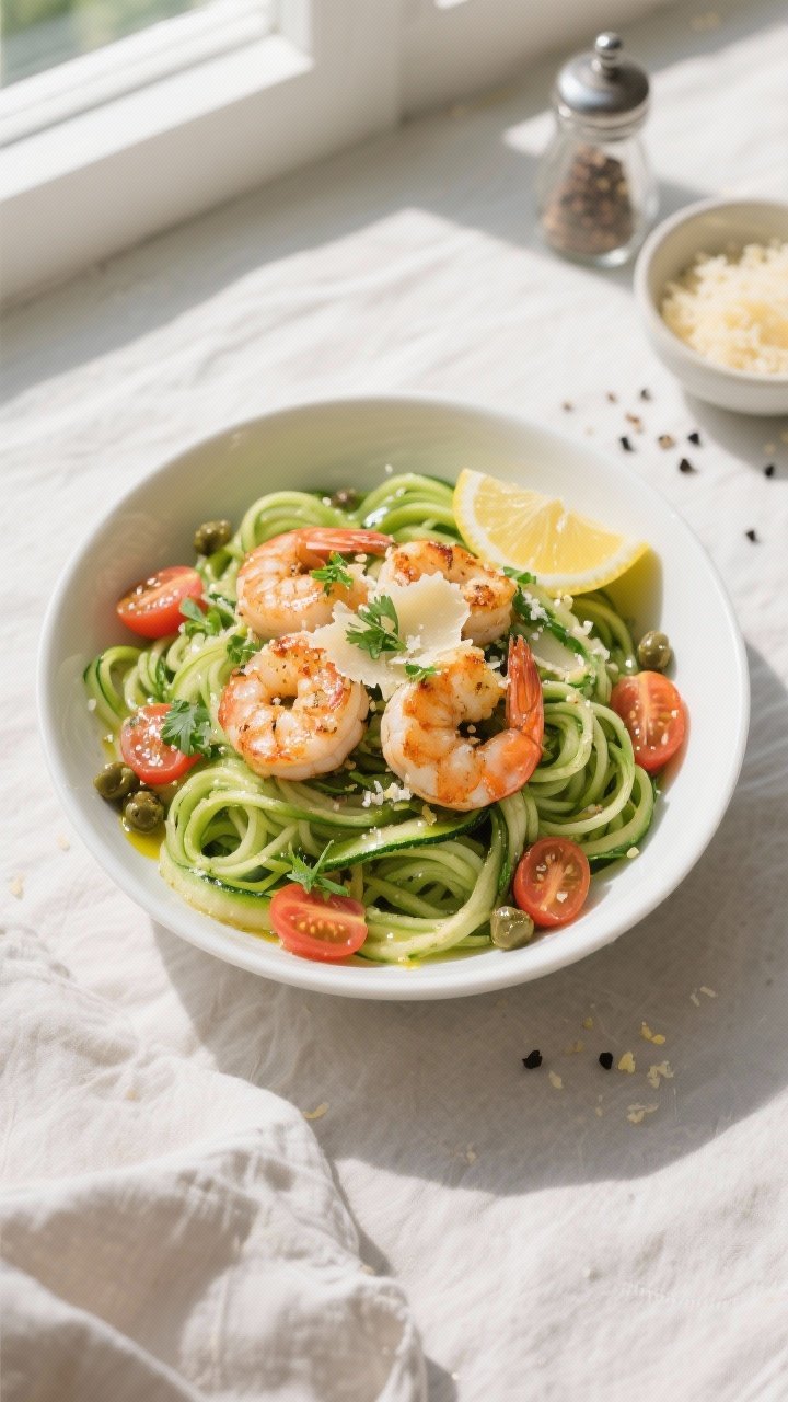 Final plated overhead: Garlic Shrimp Zoodle Bowl arranged in a wide white bowl, vibrant green zucchi