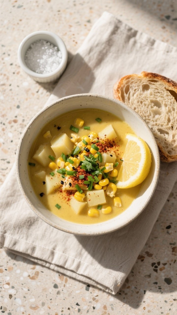 Final plated — overhead hero bowl: Top-down shot of a beautifully plated bowl of vegan sweet corn 