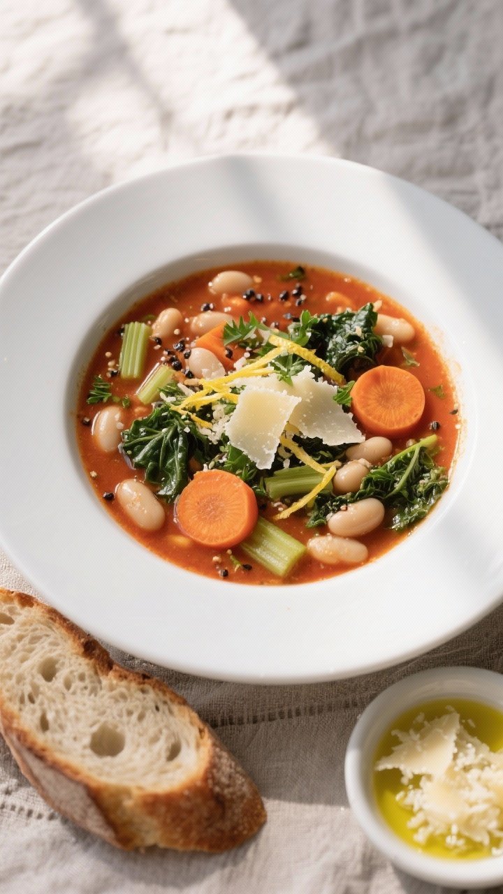 Final plated overhead: Overhead shot of a bowl of Tuscan White Bean & Kale Soup served in a matte wh