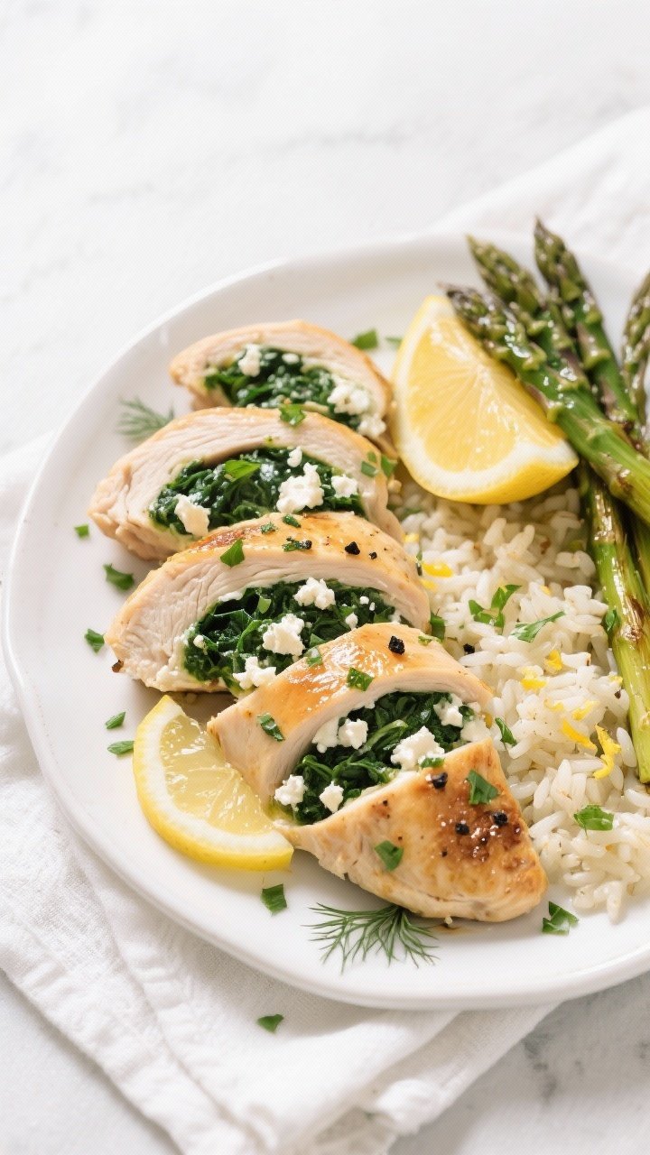 Final plated overhead: Overhead shot of sliced Spinach Feta Stuffed Chicken Breast fanned on a white