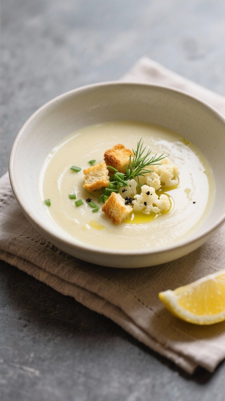 Final plated overhead: Restaurant-quality bowl of Cauliflower Potato Leek Soup, ultra-smooth and glo