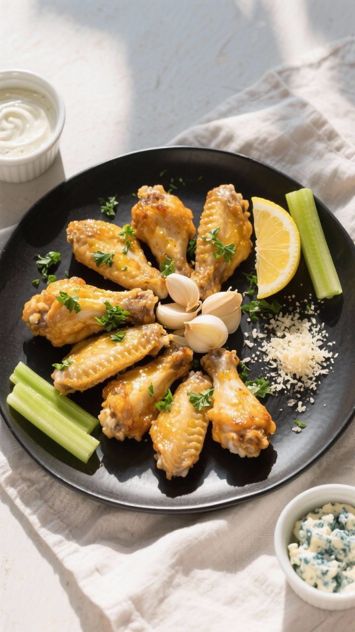 Final plated overhead shot: Garlic butter keto chicken wings arranged in a tidy fan on a matte black
