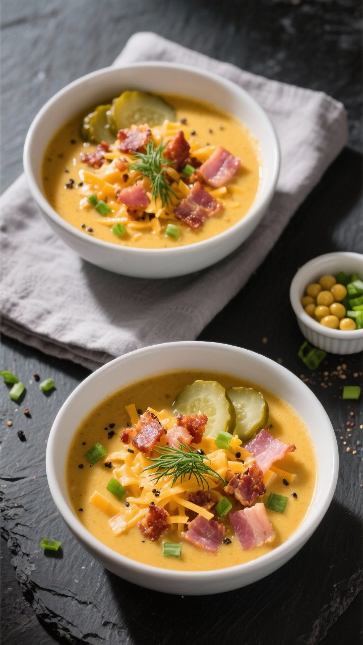 Final plated overhead: Tasty of Keto Cheeseburger Soup ladled into matte white bowls, topped generou