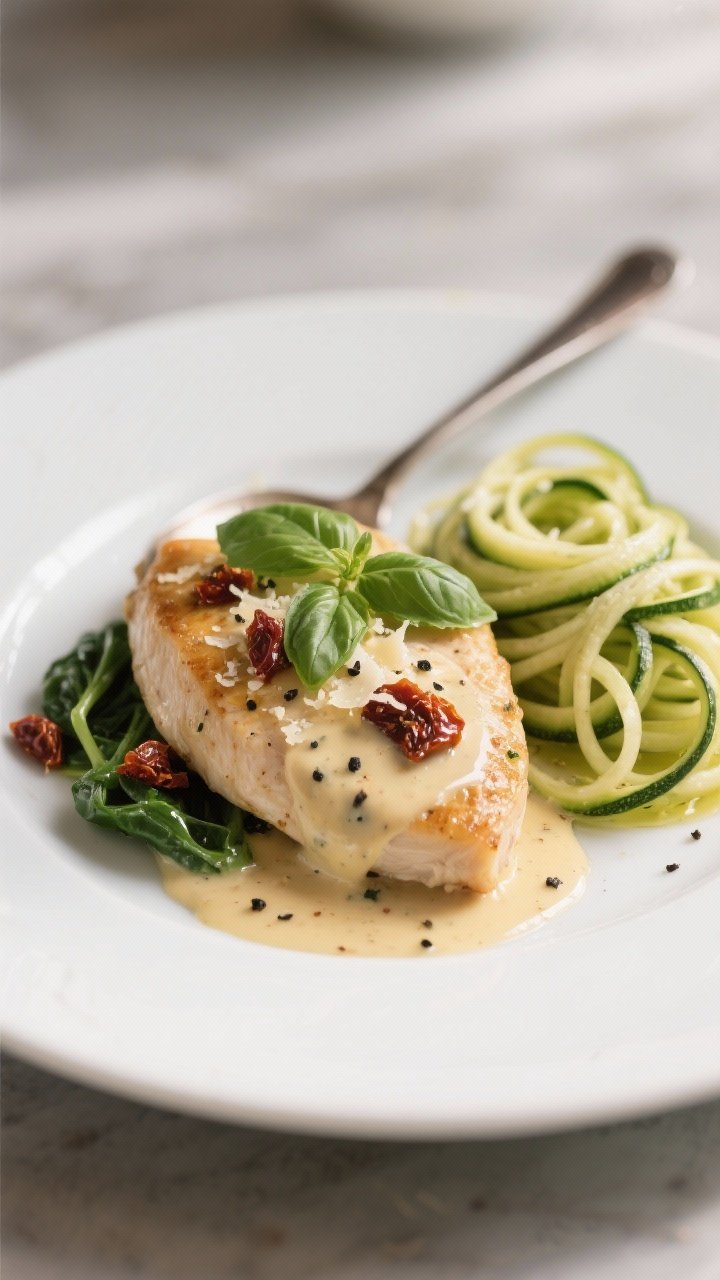 Final plated presentation: a single chicken cutlet on a matte white dinner plate, spooned with lush