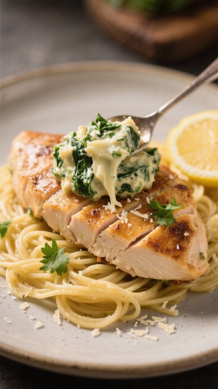 Final plated presentation: a single sliced chicken breast topped with a generous spoonful of the cre