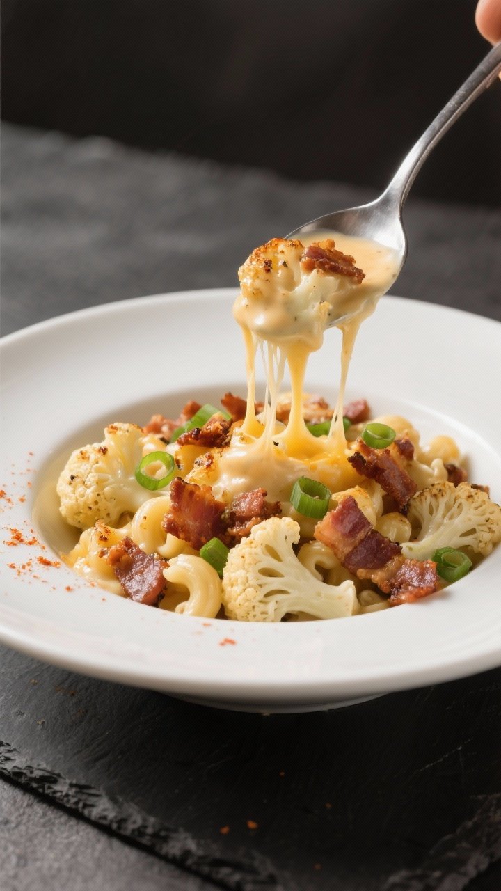 Final plated presentation: Beautifully plated serving of loaded cauliflower mac and cheese in a matt