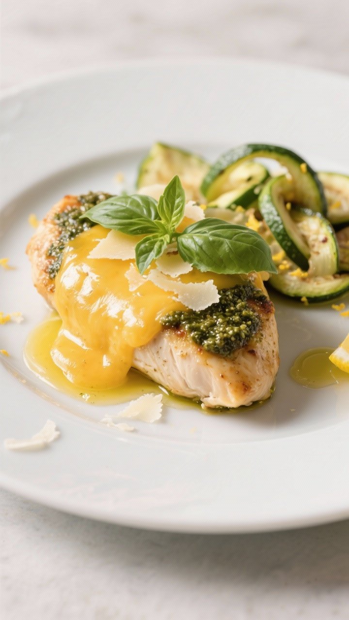 Final plated presentation: Restaurant-quality plating of one chicken breast topped with gooey, golde