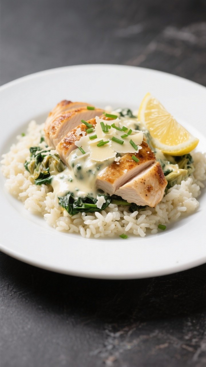 Final plated presentation: Restaurant-quality plating of one sliced chicken breast fanned over a bed