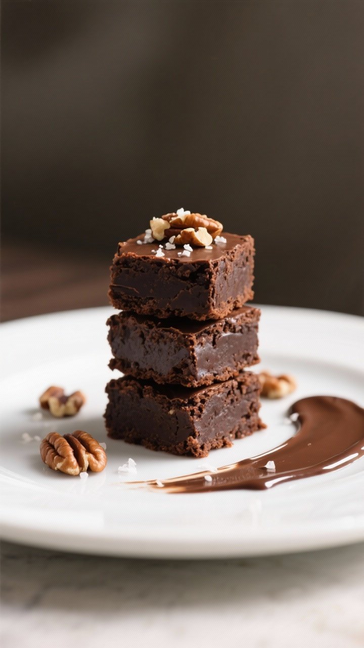 Final plated presentation: Restaurant-quality plating of three keto brownie bites stacked on a matte