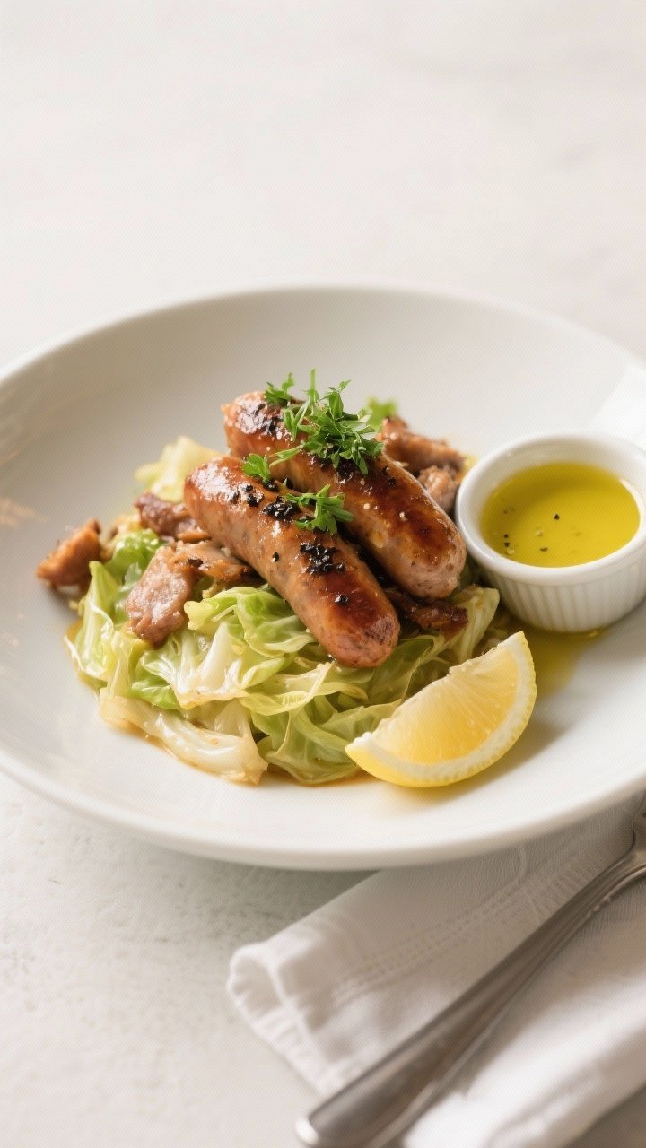 Final plated presentation: Restaurant-quality plate of the Sausage and Cabbage Skillet served in a w