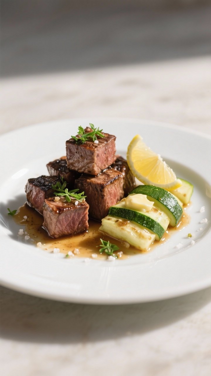 Final plated presentation: Restaurant-quality plating of garlic butter steak bites and tender-crisp 