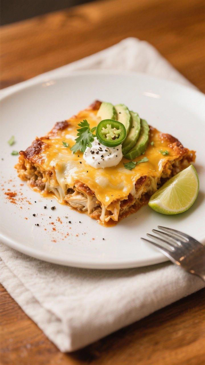 Final plated presentation: Restaurant-quality serving of Keto Chicken Enchilada Bake on a matte whit