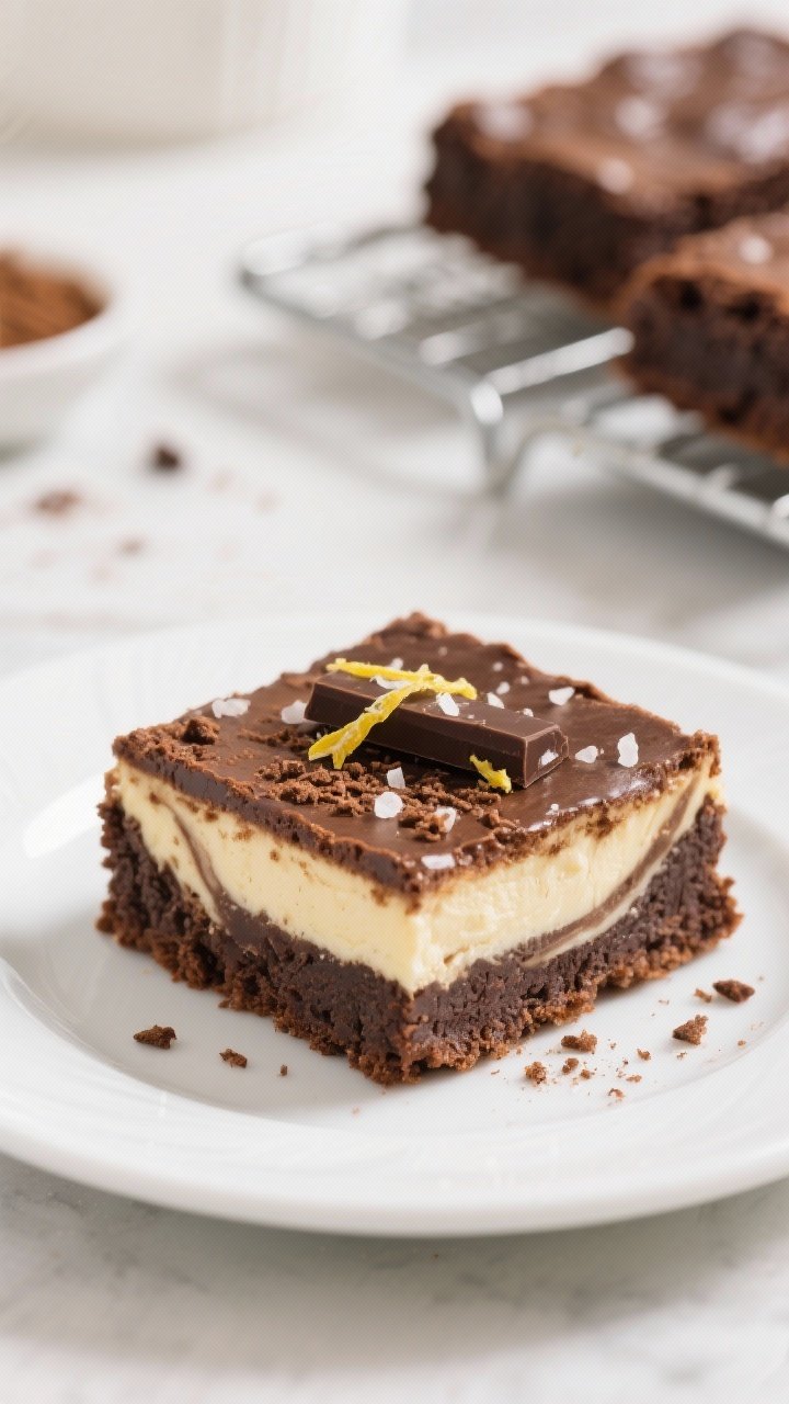 Final plated presentation: Restaurant-quality square of chilled keto cheesecake brownie on a white c