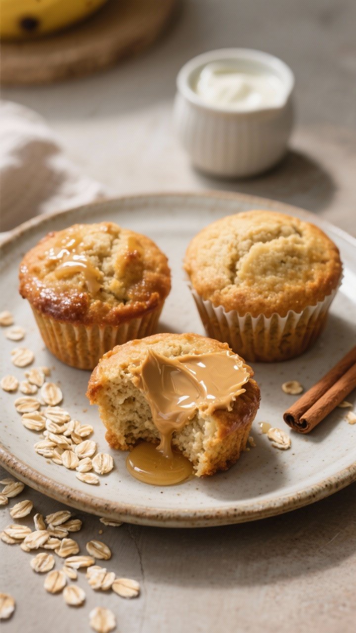 Final plated presentation: three banana oat muffins on a ceramic plate with a rustic glaze, one slic