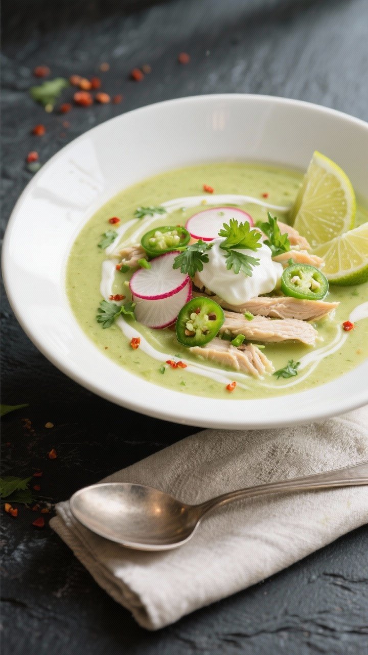 Final plated, restaurant-quality: Beautifully plated Keto Chicken Avocado Soup in a wide white bowl,