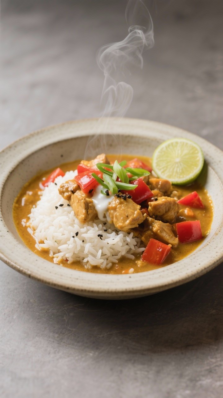 Final plated, restaurant-quality presentation: A cozy, composed tablescape featuring a deep ceramic 