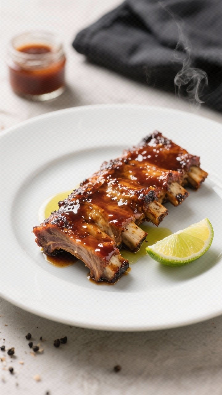 Final plated restaurant-quality presentation: a single portion of ribs (3–4 bones) on a white coup