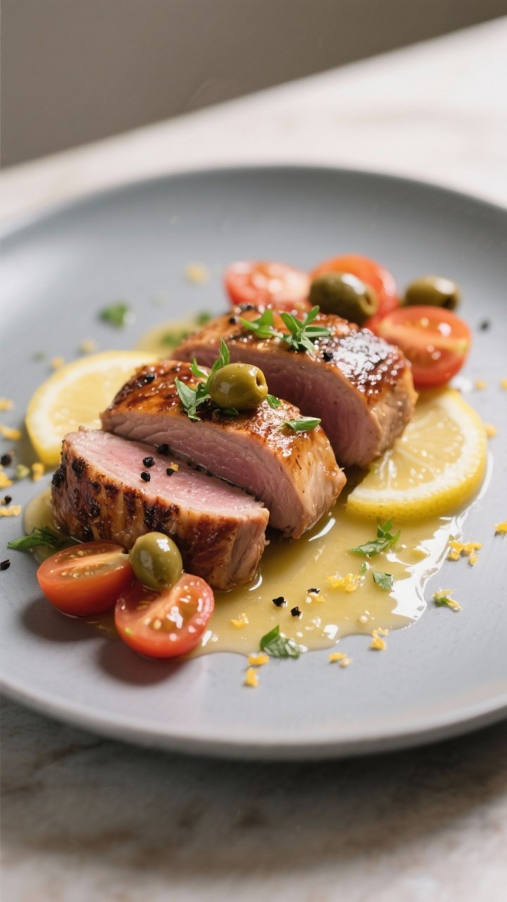 Final plated restaurant-quality presentation: Whole tenderloins stacked slightly offset on a shallow