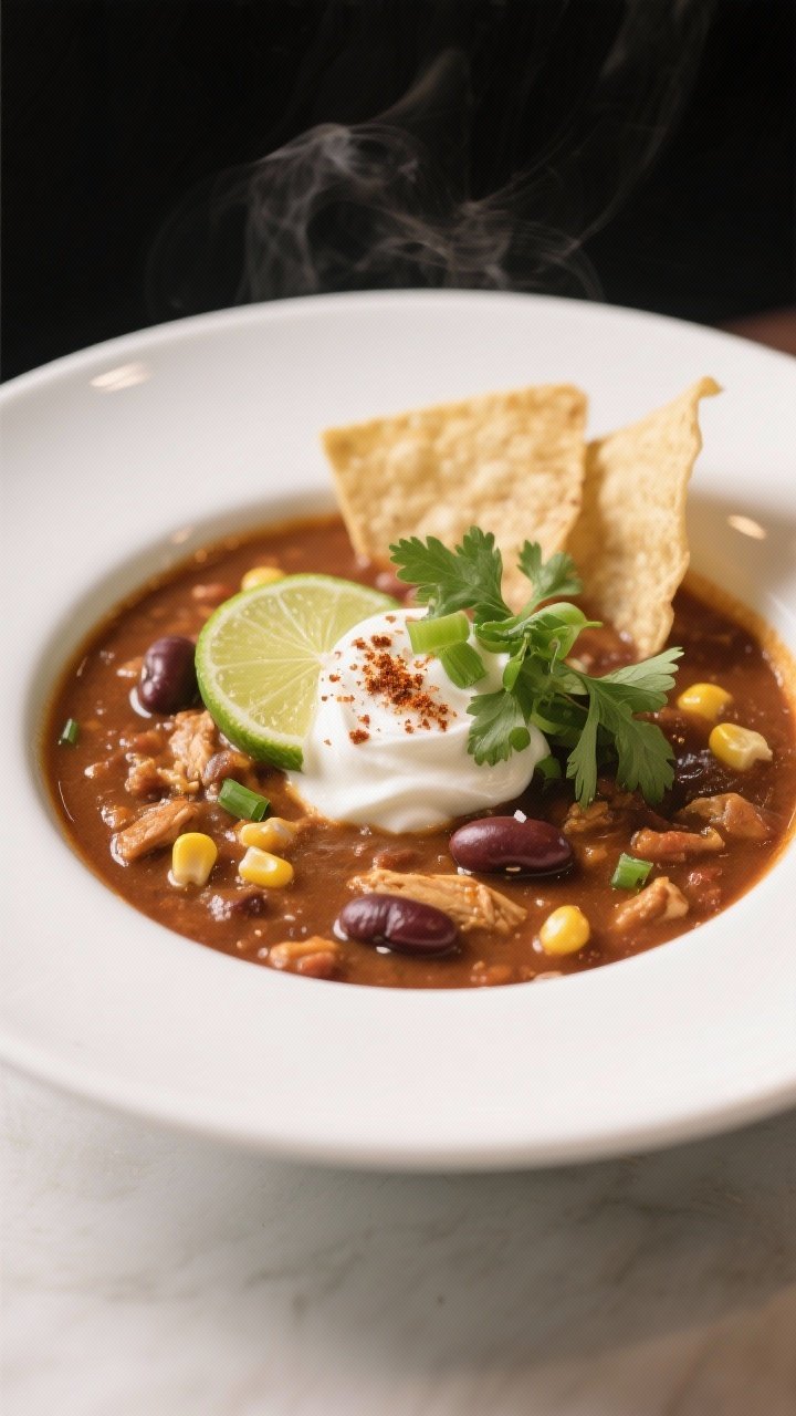 Final plated restaurant-style presentation: A shallow white bowl with thickened chipotle lime chicke