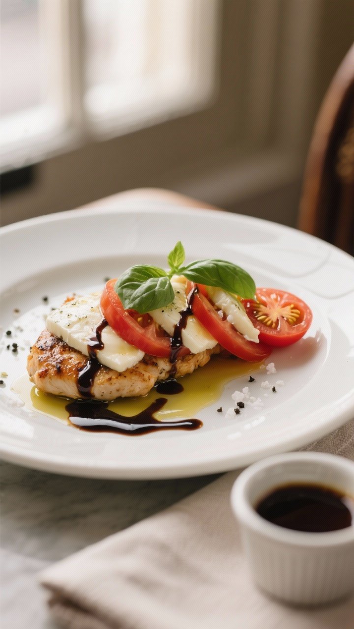 Final plated restaurant-style presentation: Caprese Chicken with Balsamic Glaze plated on a wide whi