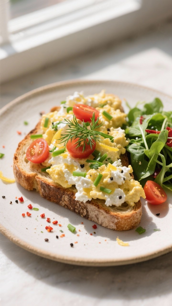 Final plated, tasty top view: Overhead shot of High-Protein Ricotta Scramble with Herbs piled softly
