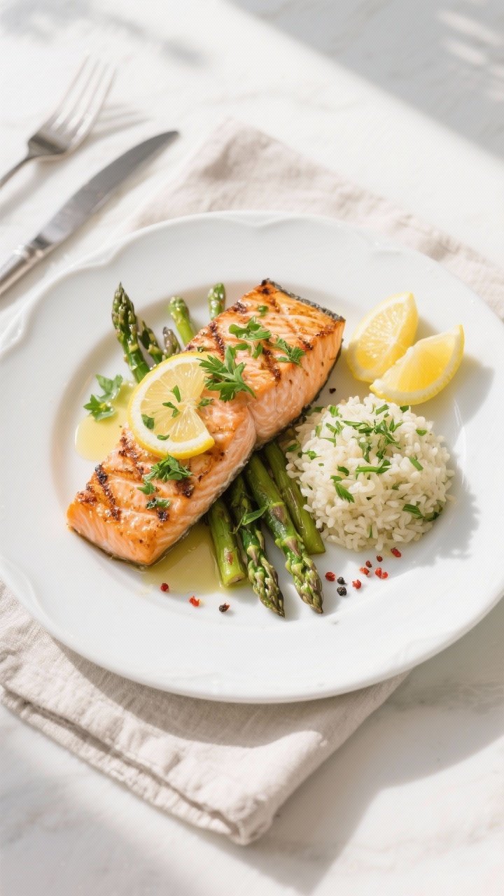 Final plated, tasty top view: Overhead shot of Lemon Herb Grilled Salmon plated on a white ceramic d