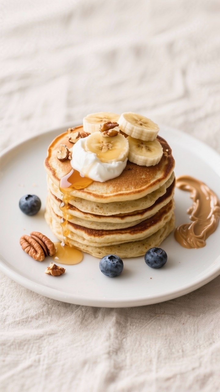 Final plated top-down: Overhead shot of a tall, fluffy stack of high-protein banana pancakes on a ma