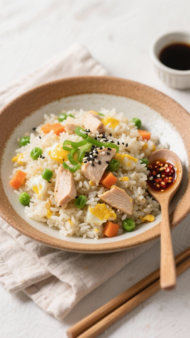 Final plated top view: Beautifully plated high-protein breakfast fried rice in a warm ceramic bowl, 